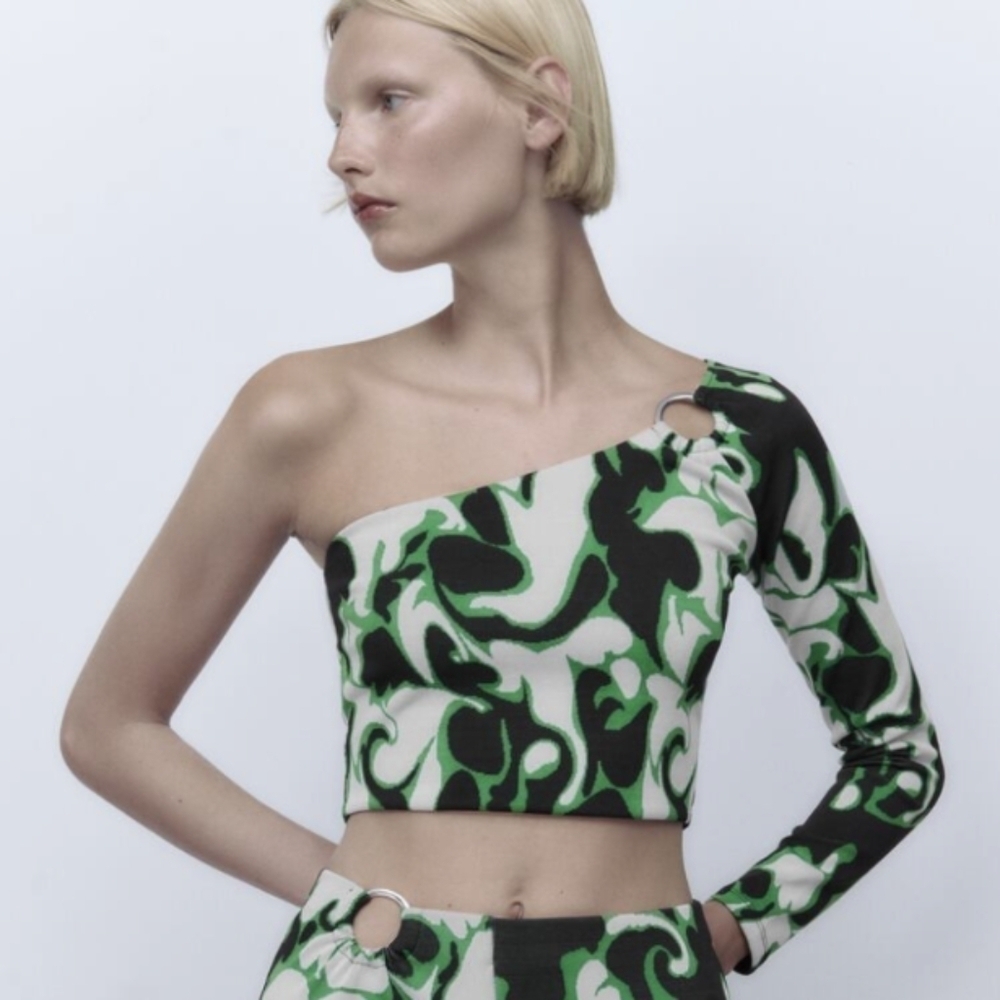Zara one shoulder jacquard crop top black green Medium T9